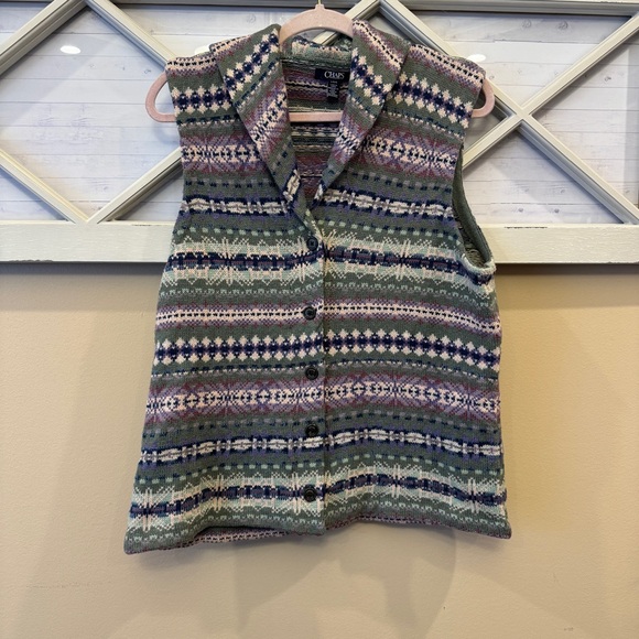 Chaps Knit Sweater Vest Women Size‎ L Front Buttons Green Purple Patterned Shawl - Picture 1 of 7